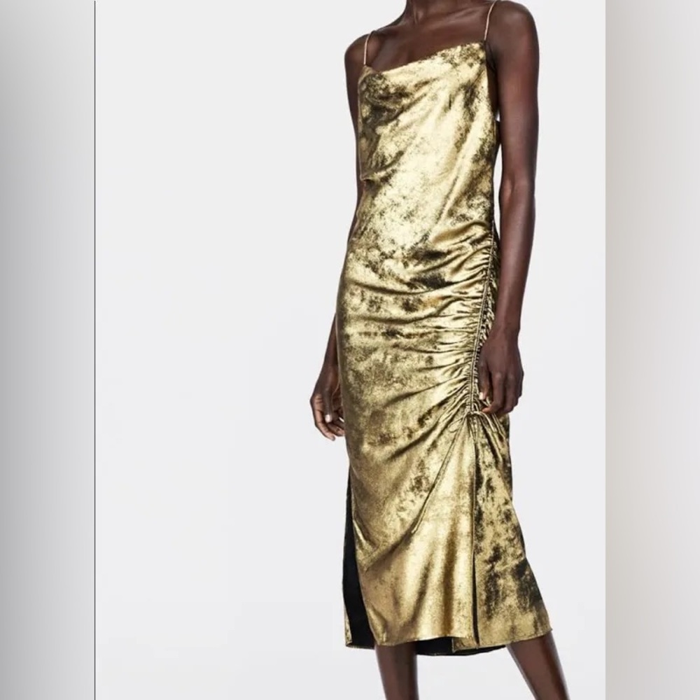 Zara Basic Gold Spaghetti Strap Asymmetrical Midi… - image 2
